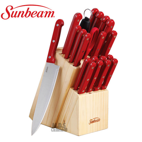Sunbeam Cutlery 22 PC Block Set Stainless Steel Red Knives Collection Wood Storage New