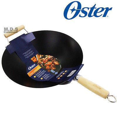 Wok 14" Carbon Steel Oster with Wooden Handle New Non stick Kitchen Stir Fry Pan