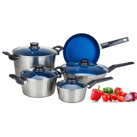 Cookware Set 9pc Blue Marble Coating Non Stick Metallic Exterior Heavy Duty Nonstick Dutch Oven, Fry pan, Deep Skillet