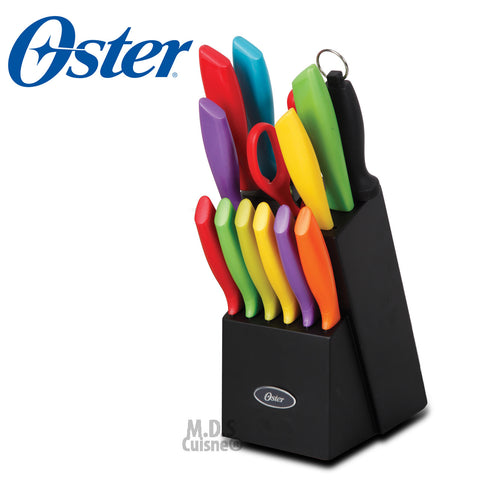 Oster Cutlery set 14Pc  Black Wood Storage Block Multicolor Knife Stainless Steel