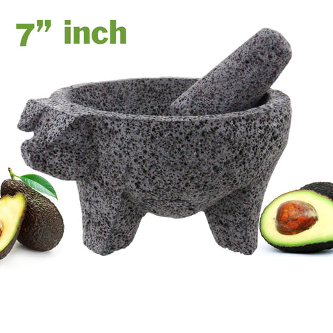 Molcajete Pig Head Lava Stone 7" Mortar And Pestle Guacamole Salsa Bowl