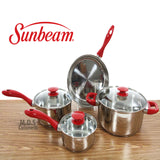 Sunbeam 7PC Non Stick Stainless Steel Cooking Cookware Set Pots Pans Aluminum Glass Lids
