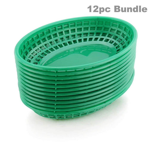 Food Baskets Oval Style Plastic Traditional Classic Restaurant Diner Commercial Green Fast Food Serving Basket Trays ((12) Restaurant Baskets)