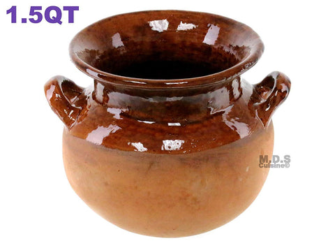 Olla Frijolera De Barro 1.5 Qt. Mini Traditional Handmade Mexican Authentic Artisan Barro Clay 100% Lead Free Stockpot with Brown Glaze Interior Finish