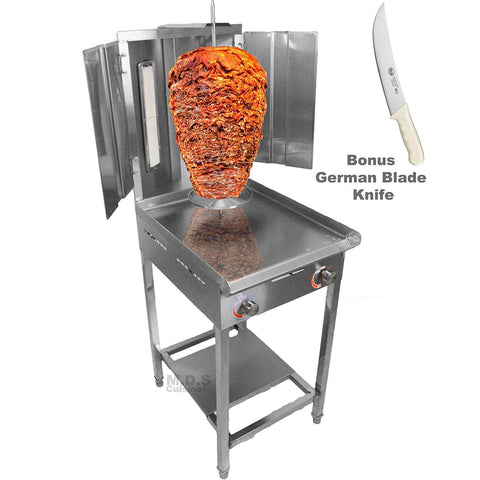 Trompo Para Tacos Al Pastor Dual Infrared Propane Gas Burner with Stainless Steel Comal Griddle 9.5" Pastor Knife and Stand