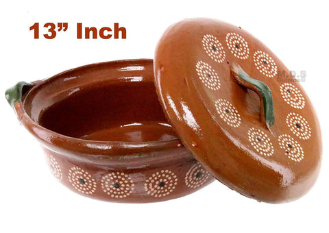 Cazuela De Barro 13“ with Top Lead Free Mexican Clay Traditional Casserole Decorative Floral Artisan Artezenia