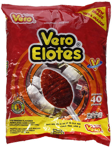 Vero Paleta de Elote Sabor Fresa Con Chile Mango Mexican Candy Chili Pops 40 Pcs Bag