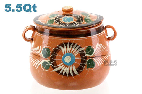 Olla De Barro Frijolera w/Lid 5.5 Qt. Canterito Cazuela Casserole Traditional Floral Decorative Artisan Artezenia Lead Free Fishbowl