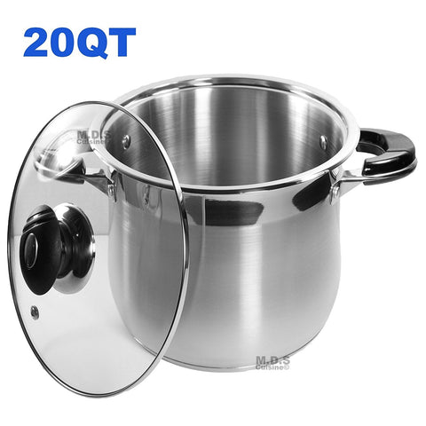 20Qt Stock Pot Stainless Steel Super Double Capsulated Bottom w/ Glass Lid