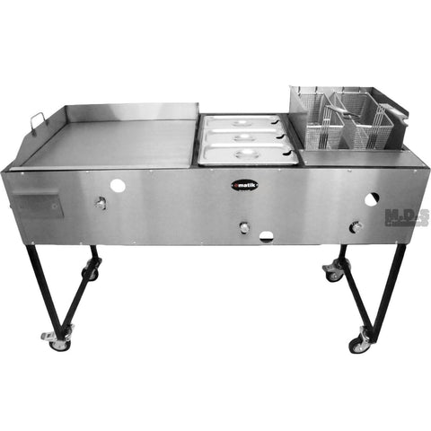 Ematic Catering Cart 24” Griddle 100% Pure Heavy Duty Gauge Steel Commercial Stainless Steel Taco Cart with 3 Steamers and Double Basket Deep Fryer 3 in 1