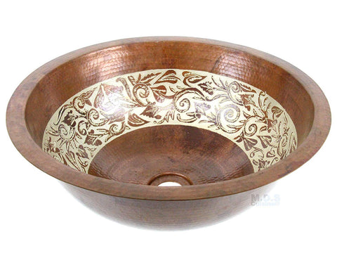 Sink Round Circular Engraved Floral Hand Hammered Artisan Copper Cobre Extra Deep Luxor Modern Bathroom Antique Style Sink