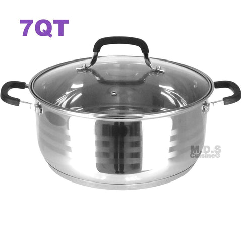 Dutch Oven Pot Stainless Steel 5 Layer Extra Impact Capsulated Bottom w/Lid Glass Olla Traditional Heavy Duty (7Qt)