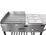 Ematik Taco Cart Food Catering Stainless Steel 24" Steel Griddle Plancha with 3 Steamers Tray Pans Plus Side Table and Bottom Storage Rack High Pressure Propane Gas Hose and Regulator