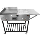Ematik Taco Cart Food Catering Stainless Steel 24" Steel Griddle Plancha with 3 Steamers Tray Pans Plus Side Table and Bottom Storage Rack High Pressure Propane Gas Hose and Regulator