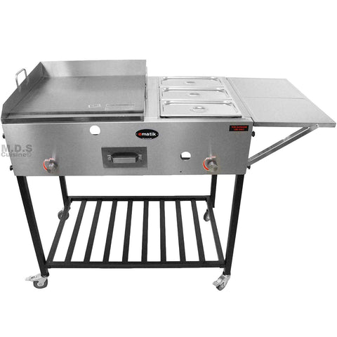 Ematik Taco Cart Food Catering Stainless Steel 24" Steel Griddle Plancha with 3 Steamers Tray Pans Plus Side Table and Bottom Storage Rack High Pressure Propane Gas Hose and Regulator