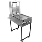 Trompo para Tacos Al Pastor Stainless Steel Cart with Traditional 8 Ceramic Bricks and Heated Steel Griddle Heavy Duty Propane Gas Burner