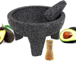 Molcajete 10” Mortar & Pestle with free Root Brush, Salsera Salsa Guacamole Tejolote Lavastone Aztec Mayan Toltec Volcanic Rock Ancient Traditional Pre-Hispanic Antique Grinding Stone Metlapil Bowl