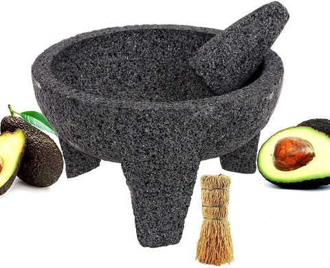 Molcajete 10” Mortar & Pestle with free Root Brush, Salsera Salsa Guacamole Tejolote Lavastone Aztec Mayan Toltec Volcanic Rock Ancient Traditional Pre-Hispanic Antique Grinding Stone Metlapil Bowl